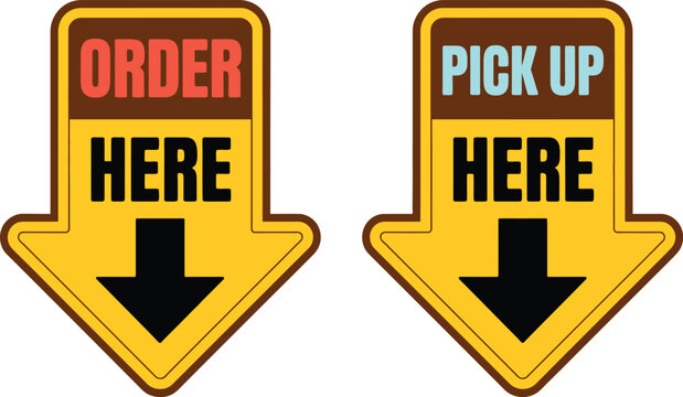 Order here and pick up here signs, vector illustration set of retail and restaurant service signage symbols for customer guidance and store navigation design.