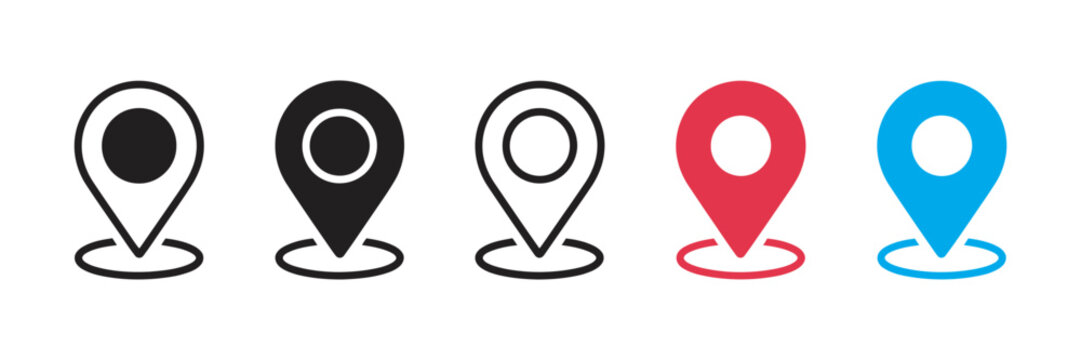 Location map pin icons set, outline and filled styles, navigation address directions symbols, maps and POI marking vector collection
