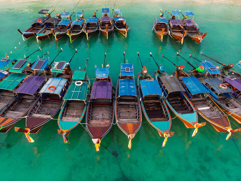 Top view of traditional Thai long-tail boats.