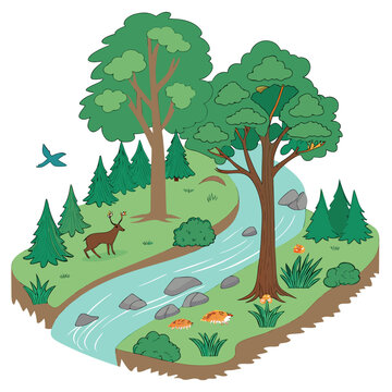 Isometric forest with river trees deer mushrooms and bird.