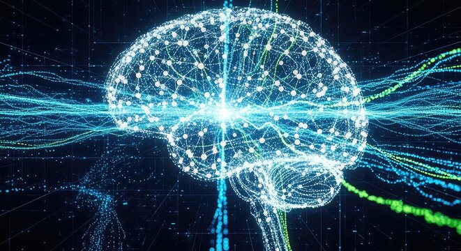 Glowing digital brain with vibrant blue and green neural network connections on dark background representing artificial intelligence and neuroscience concepts