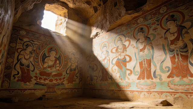 Echoes of the Past: Sunbeams cascade across ancient murals, illuminating the artistry within a time-worn chamber, whispering tales of a forgotten era.