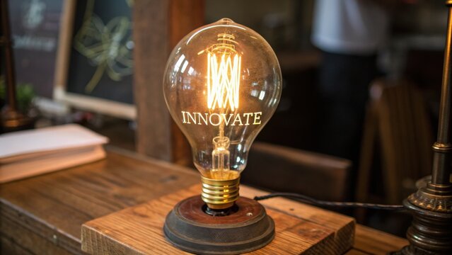 Vintage light bulb with the word innovate glowing softly in a rustic wooden environment, symbolizing creativity and ideas