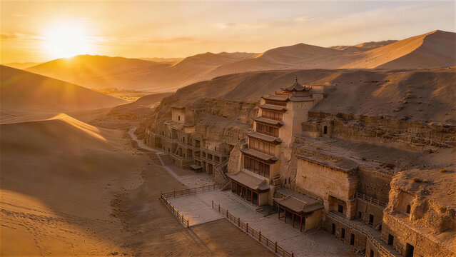Desert Monastery at Dawn: A serene desert landscape, bathed in the golden hues of dawn, unveils an ancient monastery nestled into the rugged cliffs.