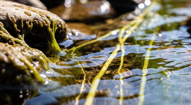 Macro shot of green river algae and aquatic plants flowing in clear rippling water