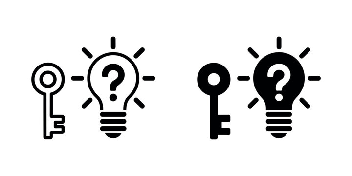 Black and white of keys and lightbulbs with question marks in white background