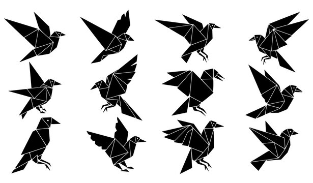Origami bird silhouettes set low poly geometric birds black and white vector illustration isolated on white