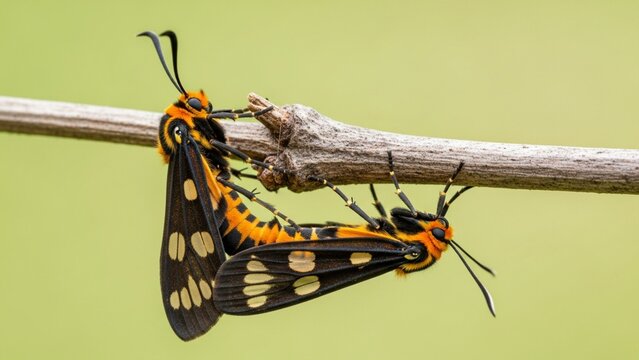Macro Shot of Two Tiger Moths Mating on a Dry Branch in Nature