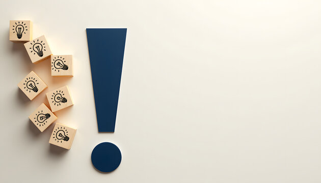 Creative Ideas Are Represented by Light Bulbs on Cubes With an Exclamation Mark in a Simple Layout