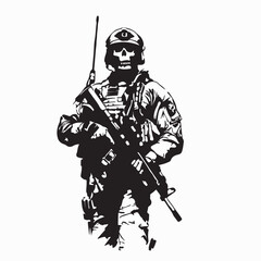 Obraz premium Elite Tactical Army Soldier with Skull Mask and Weapons Silhouette Vector Illustration”