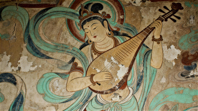 Ancient Melody: A serene fresco depicts a figure playing a pipa, their flowing attire and delicate features hinting at a timeless narrative