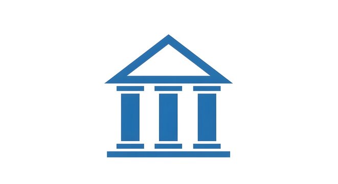 Blue bank icon with classical columns and triangular roof