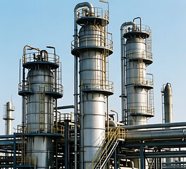 Obraz premium refinery distillation columns with pipes and ladders visible under daylight, realistic industrial feel