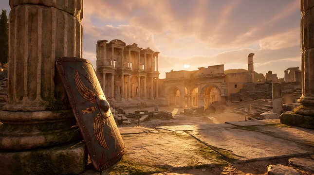 Ancient celsus library ruins in ephesus captured at sunset, ideal for historical, architectural, travel, and educational themed designs.