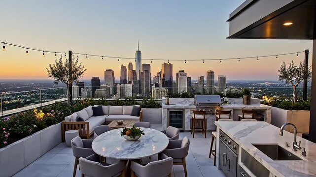 Luxury penthouse terrace with outdoor kitchen and city skyline view at sunset