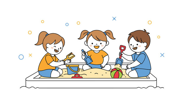 Group of joyful children playing happily in a sandbox with colorful toys, embodying fun outdoor activities.