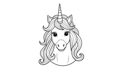 Beautiful unicorn head with flowing mane and a magical horn, presented as an intricate outline for coloring. © Ryan