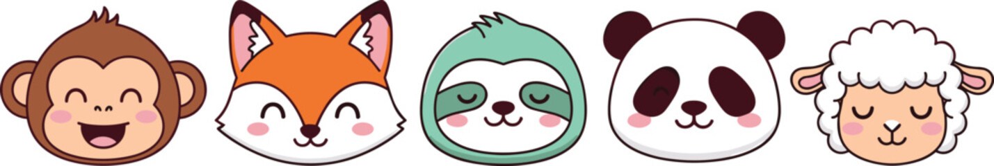 Fototapeta premium Cute Animal Face Icon Set with Monkey Fox Sloth Panda and Sheep Cartoon Avatars for Kids Apps, Emoji Design, Nursery Graphics, and Flat Vector Illustration