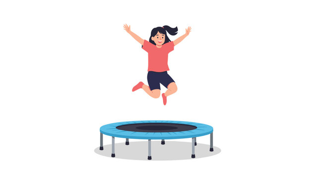 Energetic cartoon illustration of a cheerful young girl with dark hair joyfully bouncing high on a blue trampoline, depicting active play and recreation.