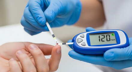 Close up of blue gloved hands using glucose meter for blood sugar test image