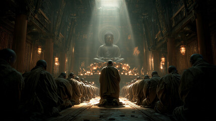 Obraz premium Meditation Sanctuary: A hushed sanctuary scene with a large meditating statue under sunbeam light, showcasing monks in prayer.