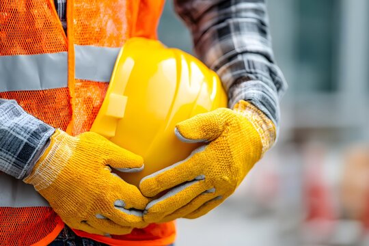 close up of worker wearing protective helmet gloves and safety vest, construction safety concept, clean background, professional look , building safety week