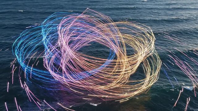 Vibrant swirling light patterns dance over ocean waves at sunset