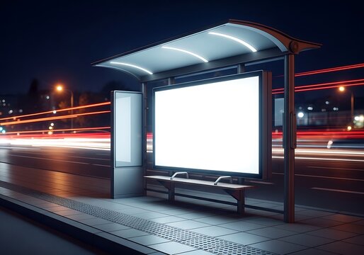 A bus stop with a large blank billboard at night with light trails on the road