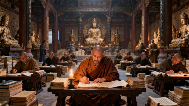Monks Studying in Ancient Temple: A group of devoted monks engrossed in scholarly pursuits within the sacred halls of an ancient temple.