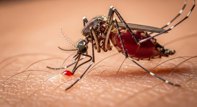 Macro images of mosquito feeding on human skin showing detailed anatomy and realistic interaction, suitable for medical, health awareness, and educational content.