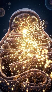 Mitochondria powerhouse cellular energy ATP production organelle structure biology metabolism micrograph showing glowing membrane folds inside cell respiration pathway bioenergetic particle flow dark