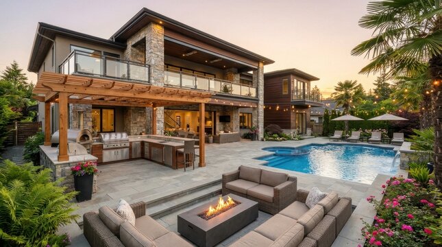 Elegant modern mansion with expansive backyard, featuring a pool, outdoor kitchen, and fire pit lounge.
