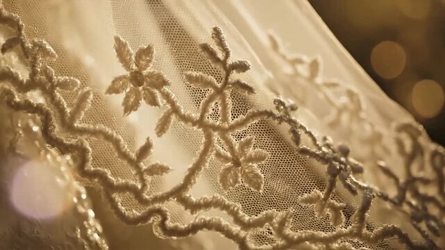 Close-up of intricate golden floral embroidery on sheer fabric.