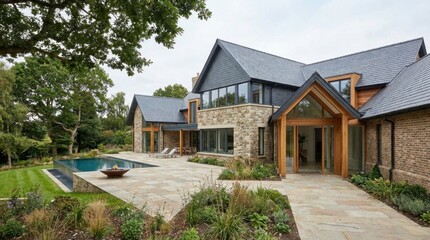 Obraz premium A large, modern luxury home featuring a stone facade, expansive patio, pool, and lush garden.