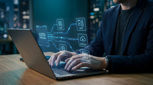 Developer typing on laptop with floating holographic CI/CD pipeline diagram symbolizing automated software deployment and DevOps lifecycle
