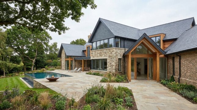 A large, modern luxury home featuring a stone facade, expansive patio, pool, and lush garden.