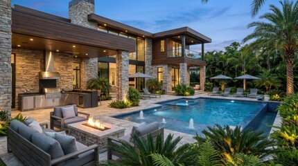 Obraz premium Luxurious modern mansion exterior at twilight featuring an outdoor kitchen, pool with fountains, and fire pit patio.