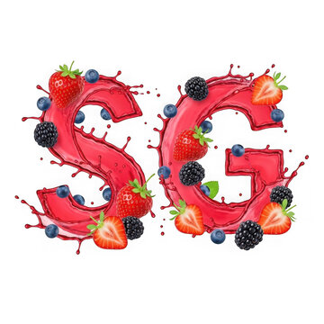 Letters sg made of red berry juice splash with fresh strawberries blueberries and blackberries