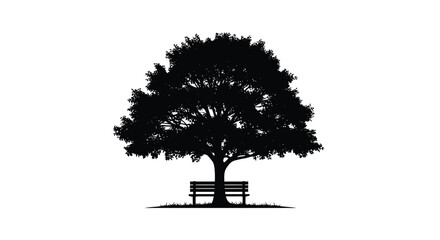 A silhouetted tree stands above a park bench on green grass © MdEmran