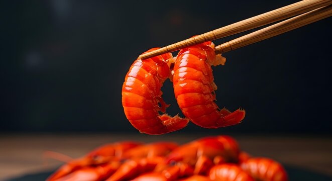 Delicious cooked red crawfish tails held by wooden chopsticks over a pile of more seafood on a dark background