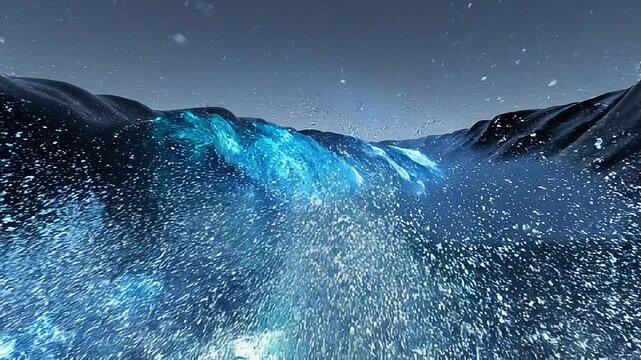 Glowing abstract tidal wave of blue water with swirling vortex and shimmering effects