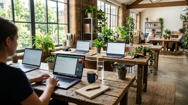 A vibrant co-working office filled with natural light, plants, and people working on laptops at wooden desks.