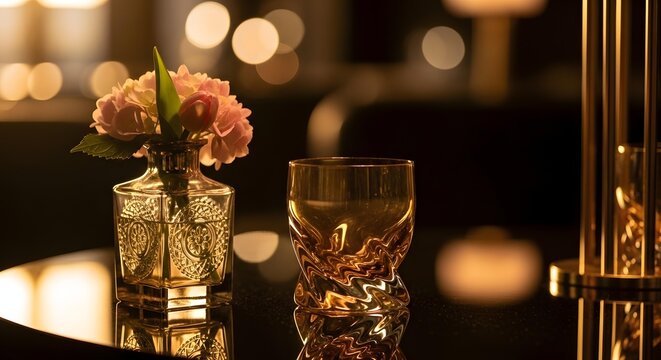 Elegant lowlight setting with a small vase of pink flowers and a decorative glass on a reflective dark surface, bokeh background
