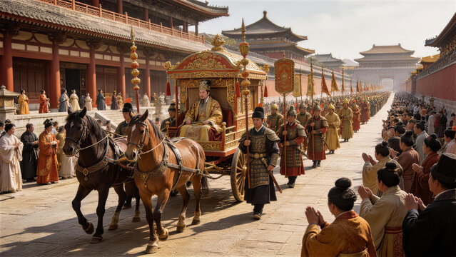 Imperial Procession Through the Ancient Palace: A majestic procession unfolds, with an imperial carriage and royal guards moving through a grand palace.