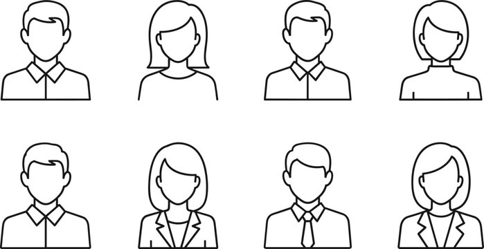 Business people avatar line icon set with male and female user profiles professional characters outline vector illustration collection