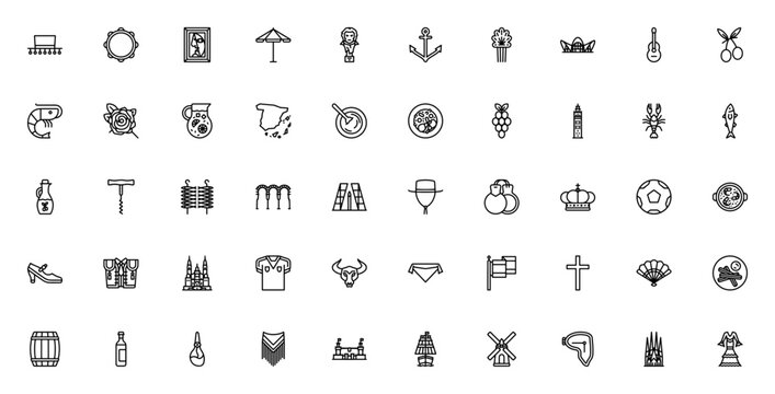 Spanish Traditional Elements icon set. Vector symbols of Hat, Tambourine, Paella, Guitar, Bull, Flamenco Dress, Sangria, Olives, and more. Editable stroke collection.