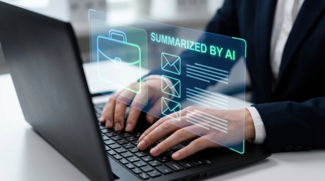 Businessman using laptop with ai summarized data on screen in office setting with blurred background