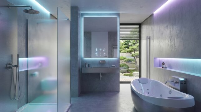 A modern, luxurious bathroom with ambient LED lighting, a sleek vanity, soaking tub, and rainfall shower, creating a serene spa atmosphere.
