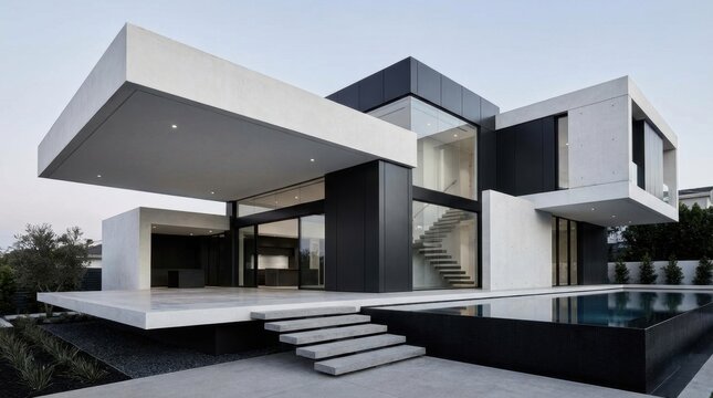 Geometric modern luxury house exterior with pool and cantilevered design elements during twilight.
