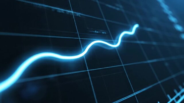 Bright blue glowing line graph showing upward trend on a dark digital grid background